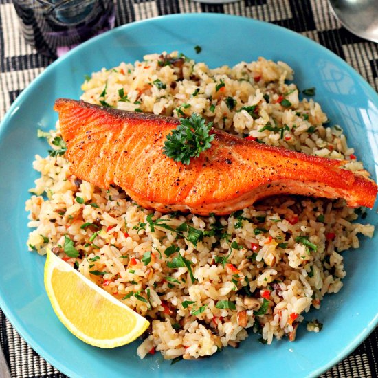 Butter Fried Rice and Salmon