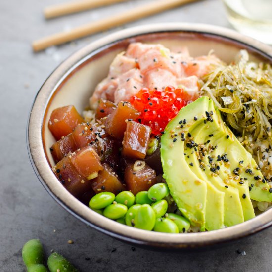 Brown Rice Tuna + Salmon Poke Bowls