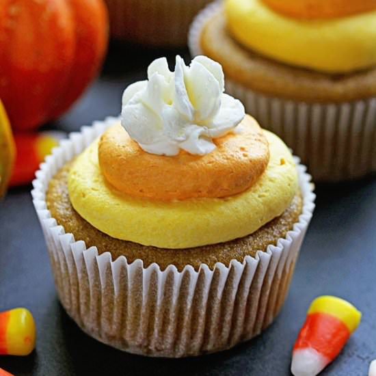 Pumpkin Cupcakes w/ Candy Corn Tops