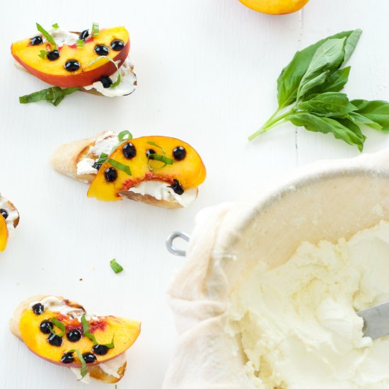 Peach, Basil, and Homemade Ricotta Crostini