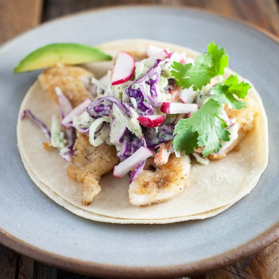 Fish Tacos with Cilantro Lime Slaw