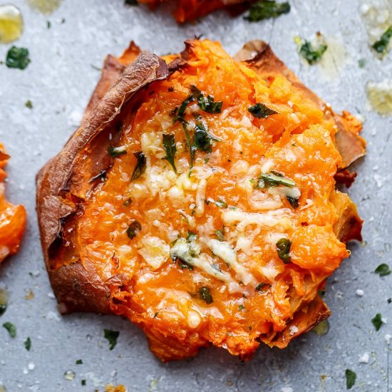 Garlic Butter Smashed Sweet Potato