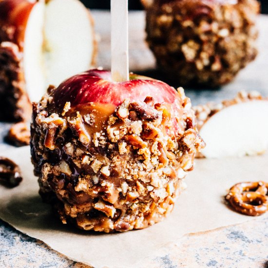 Caramel Apples with Pretzel Toffee