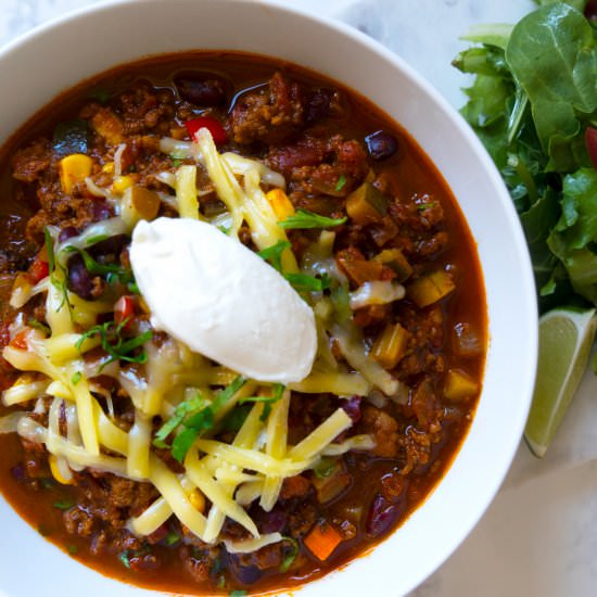 Loaded meat and vegetable chili