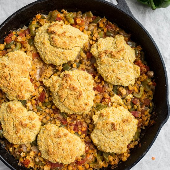 Cajun Lentil Cornbread Casserole