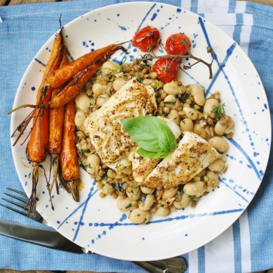 Fish, Warm Bean Stew and Carrots