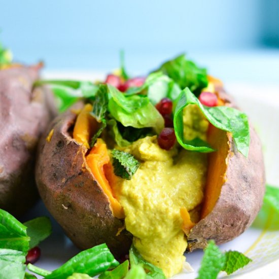 Turmeric Hummus Baked Sweet Potato