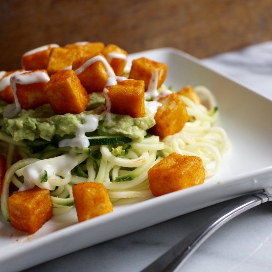 Crispy Buffalo Tofu with Zucchini Noodles