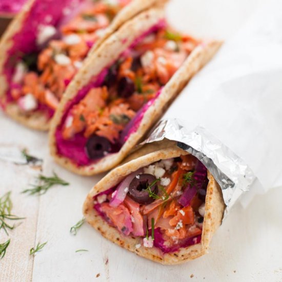 Greek Salmon Gyros with Beet Tzatzi