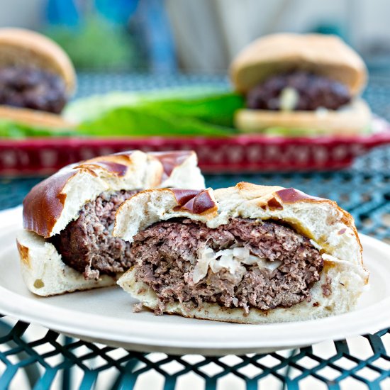 Brat and Kraut Stuffed Burgers