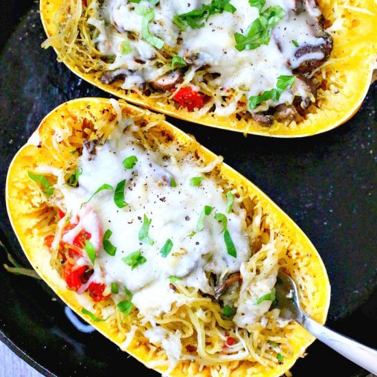 Pesto + Mushroom Spaghetti Squash