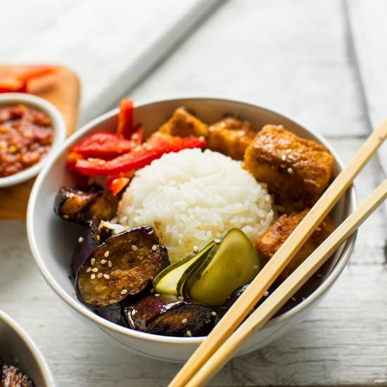 Almond Butter Tofu Eggplant Bowls