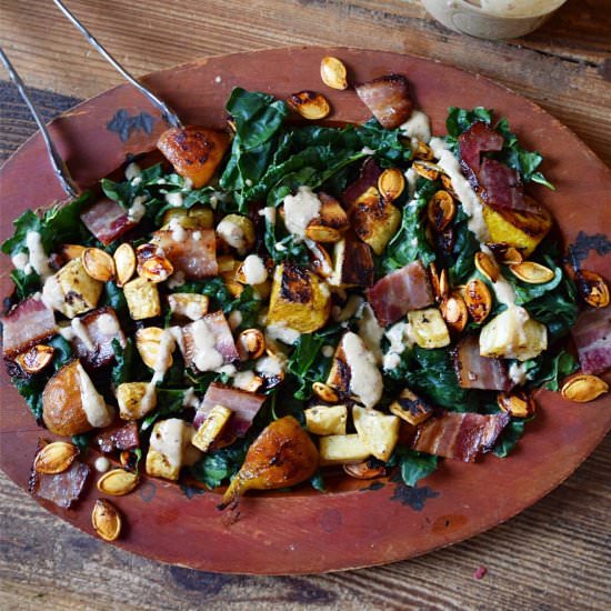 Warm Kale Salad + Apple Pecan Vinaigrette