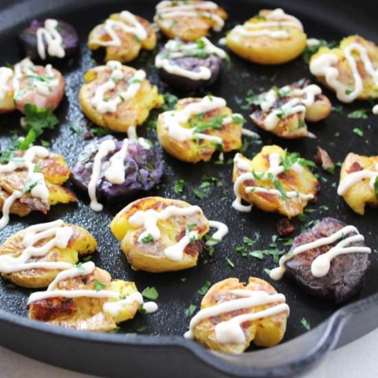 Smashed potatoes with vegan aioli