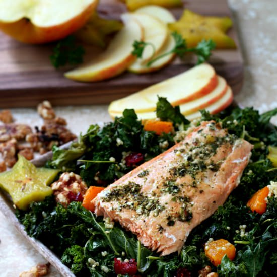 Fall Kale Salad with Garden Pesto Salmon