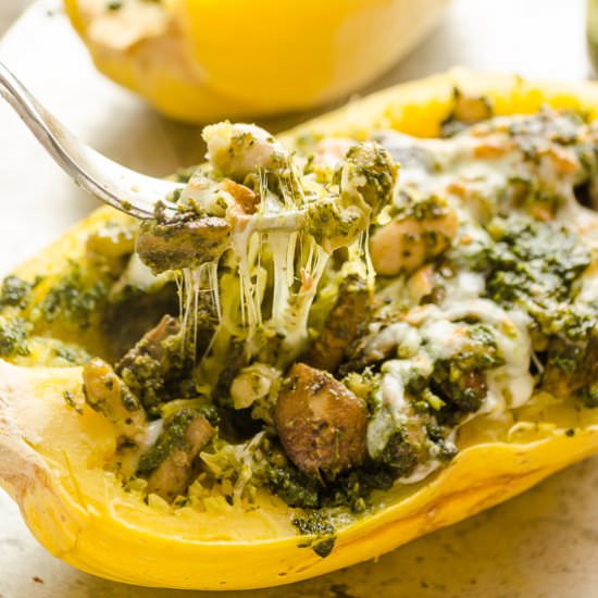 Cheesy Pesto Spaghetti Squash Boats