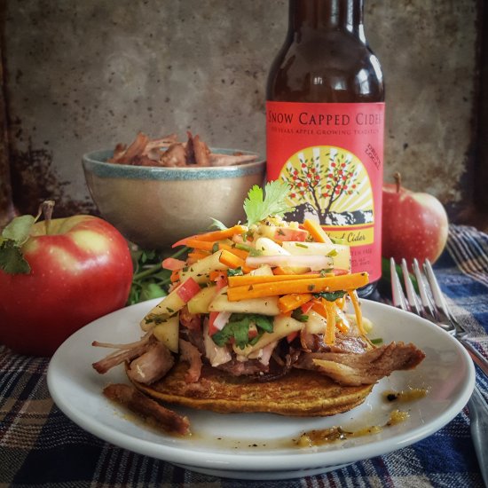 Pork, Slaw, Hard Cider on Pancakes