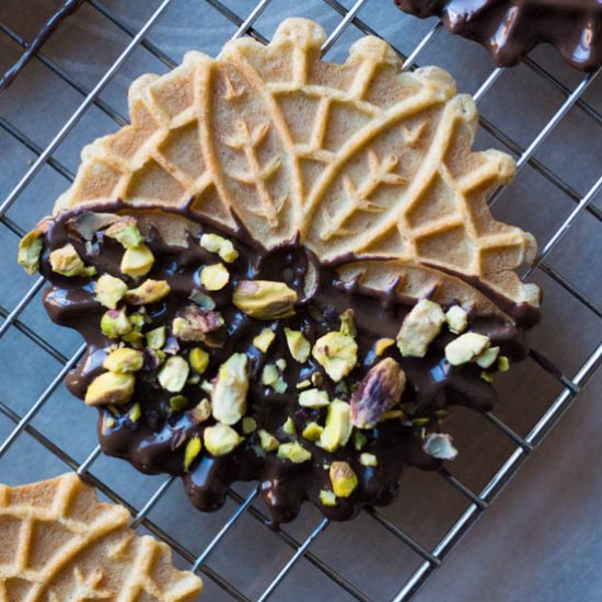 dark chocolate pistachio pizzelles