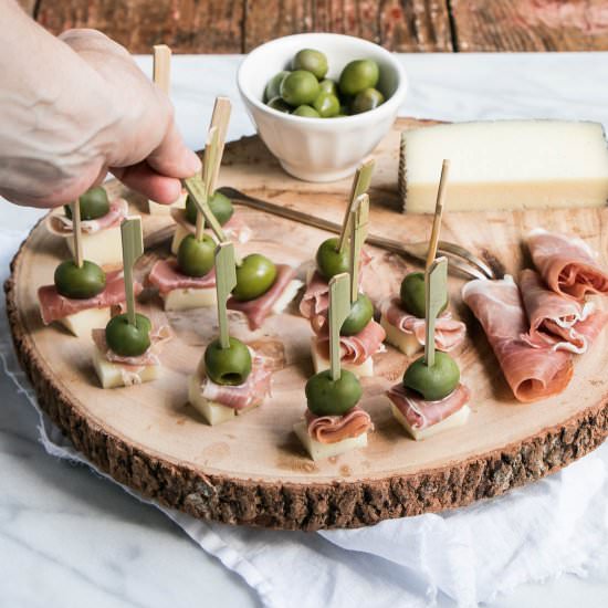 Manchego, Ham and Olive Bites