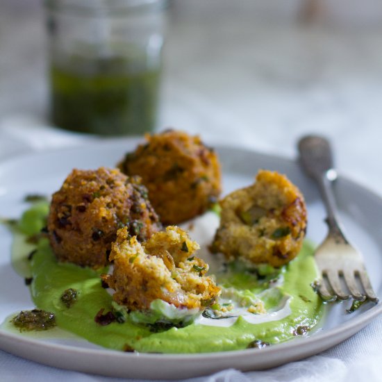 Millet Polpette with Pea Puree