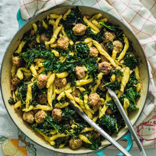 Strozzapreti with Meatballs & Kale