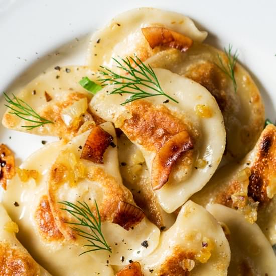 Vegan pierogi with coconut bacon