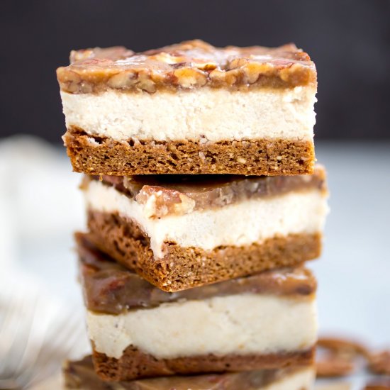 Paleo Caramel Pecan Cheesecake Bars