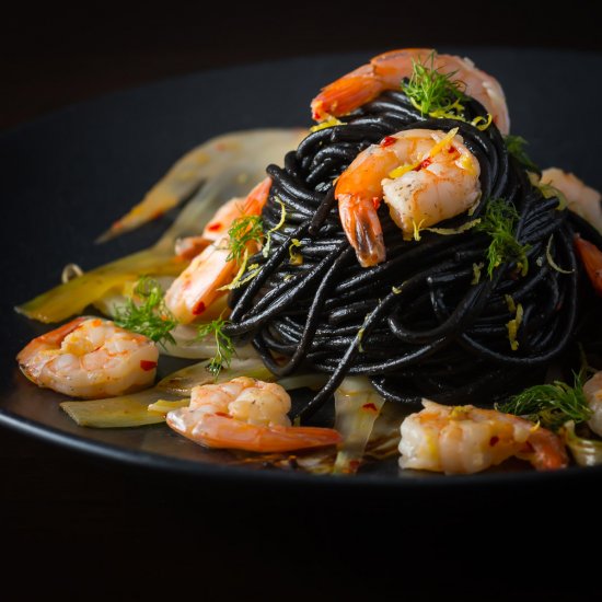 Squid Ink Spaghetti with Shrimp