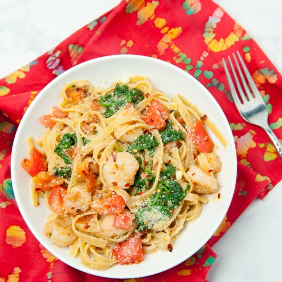 Shrimp, Spinach and Tomato Fettucine