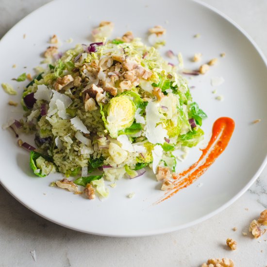 Pesto Rice with Brussels & Walnuts