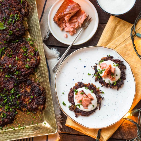 Beet + Carrot Latkes w Smoke Salmon