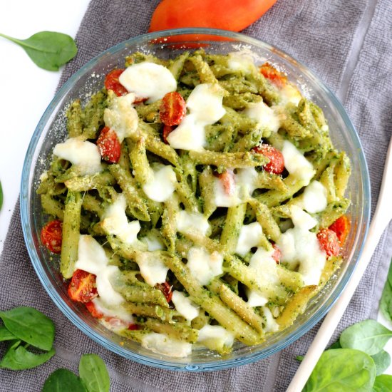 Spinach Pesto Mozzarella Pasta Bake