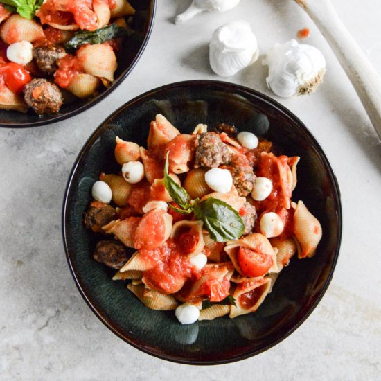 Caprese Shells with Mini Meatballs