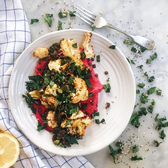 Cauliflower-lentils-beetroot hummus