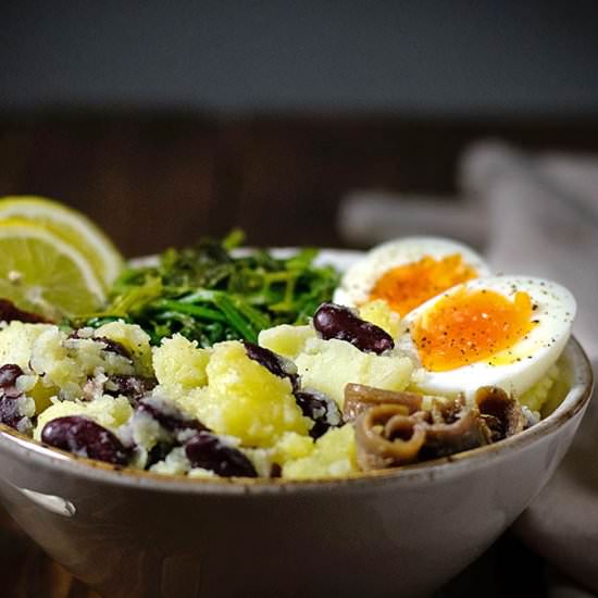 Potato Mash with Beans Egg & Greens