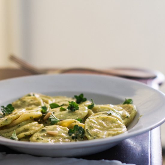 Corzetti pasta with marjoram pesto