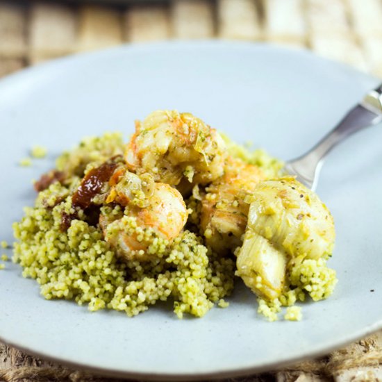 Scampi with Artichokes Pesto Couscous