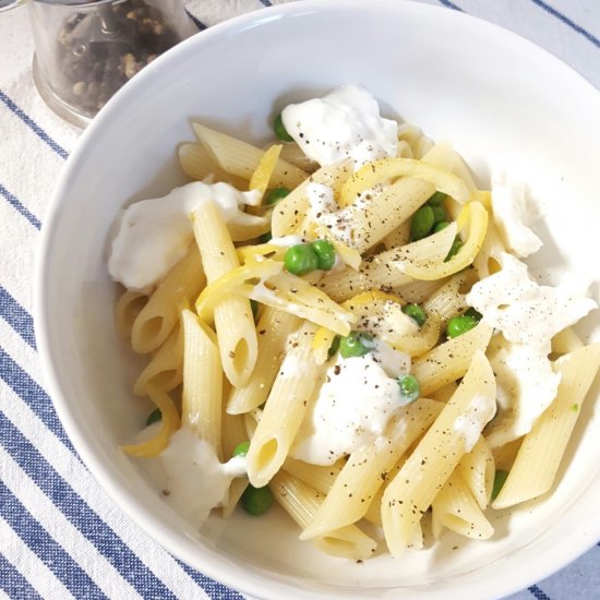 Penne with Burrata, Peas and Lemon