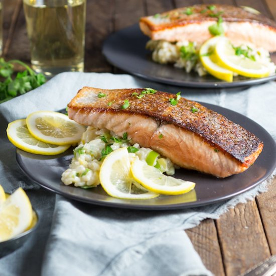 Crispy Salmon w Creamy Lemon Rice