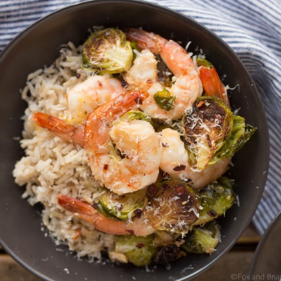 ROASTED SHRIMP AND BRUSSELS SPROUTS