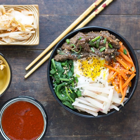 Beef bibimbap with brown rice