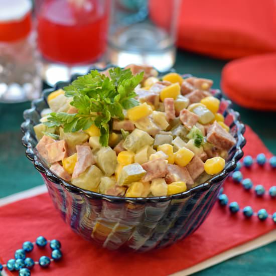 Salad with smoked sausage and corn