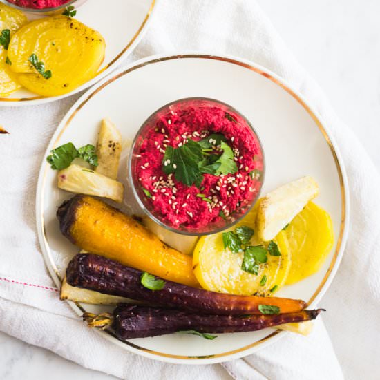 Roasted vegetables with hummus