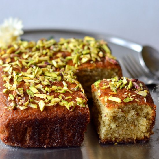 Eggless Pistachio Rose Syrup Cake