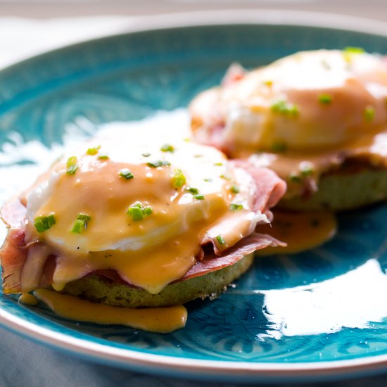 Eggs Benedict with Beer Crumpets