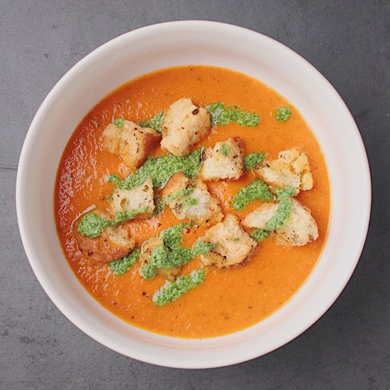 Pesto Tomato Soup with Croutons