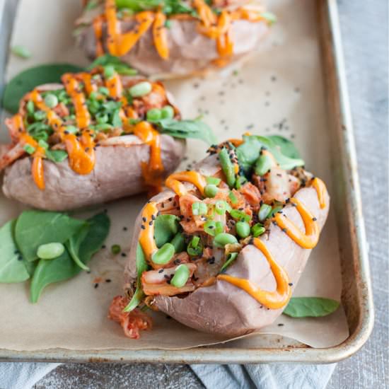 Kimchi Stuffed Baked Sweet Potatoes