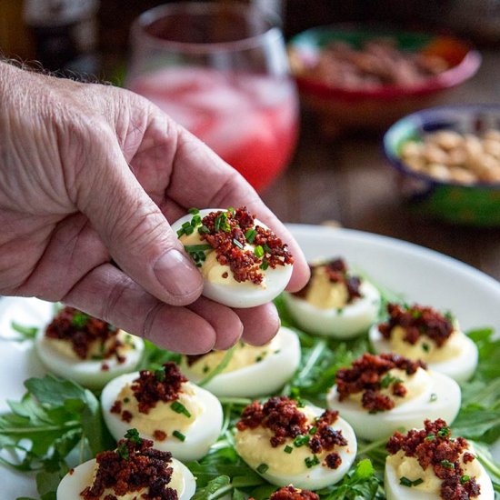 Crispy Chorizo Deviled Eggs