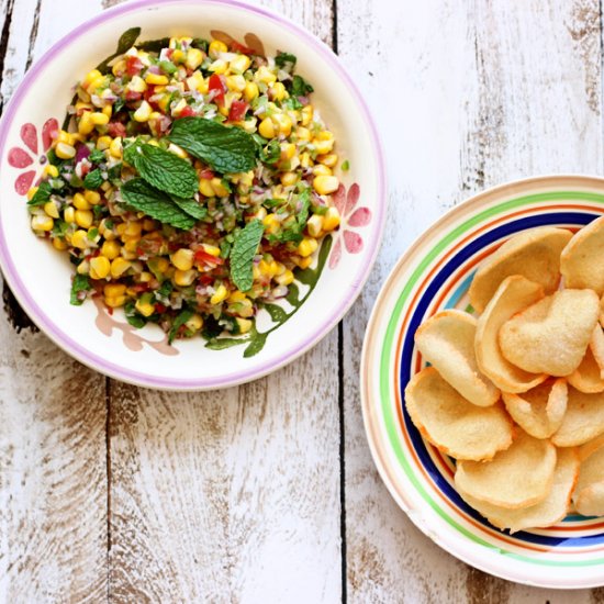 Corn Salsa with Prawn Chips