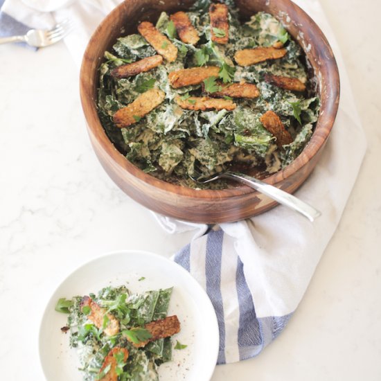 Kale Vegan Caesar Salad with Tempeh